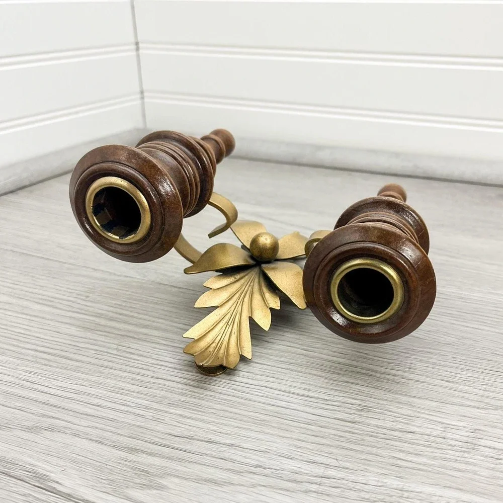 Solid‎ Wood and Brass Wall Sconce Candleholder - Vintage Hollywood Regency Decor